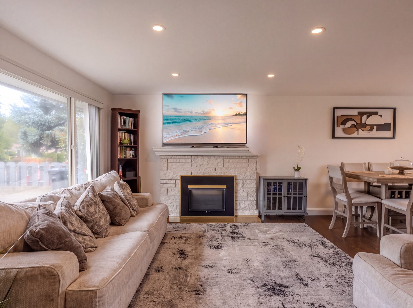 Bright living room with fireplace, sectional sofa and dining table