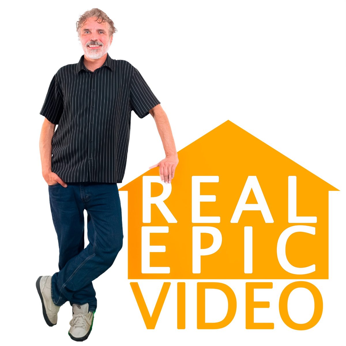 Taylor leaning on the Real Epic Video logo